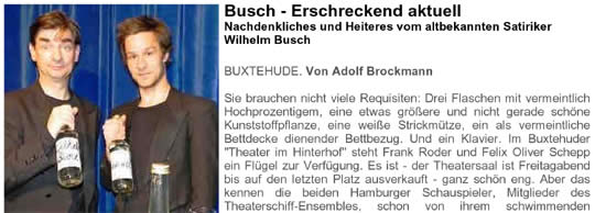 Frank Roder (links) und Felix Oliver Schepp boten Satirisches von Wilhelm Busch in Buxtehude und nicht nur Hochprozentiges.